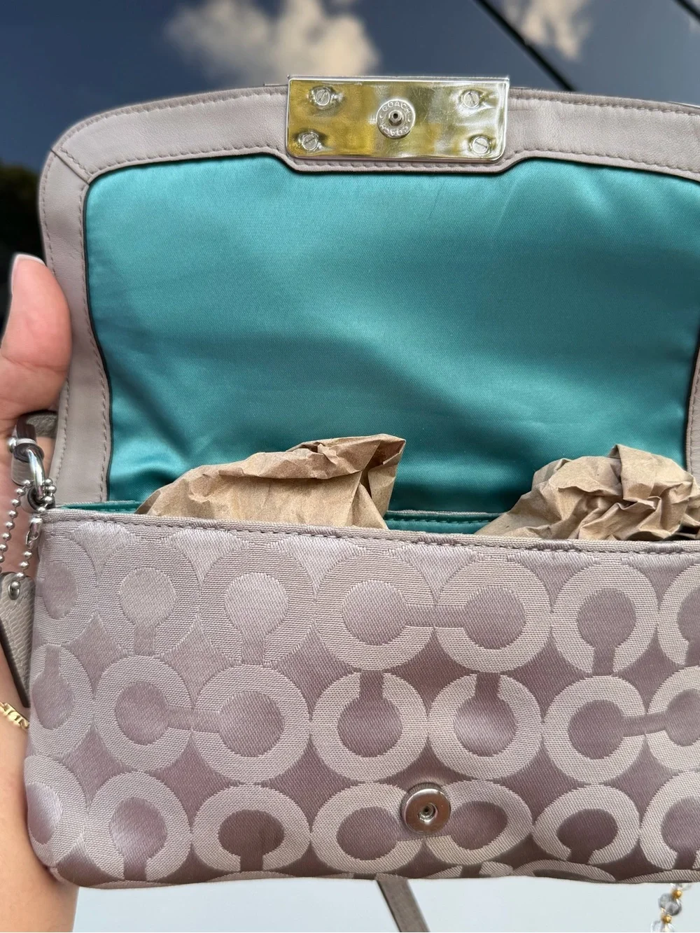 Coach Taupe Signature Jacquard Shoulder Bag with Beaded Strap Accent